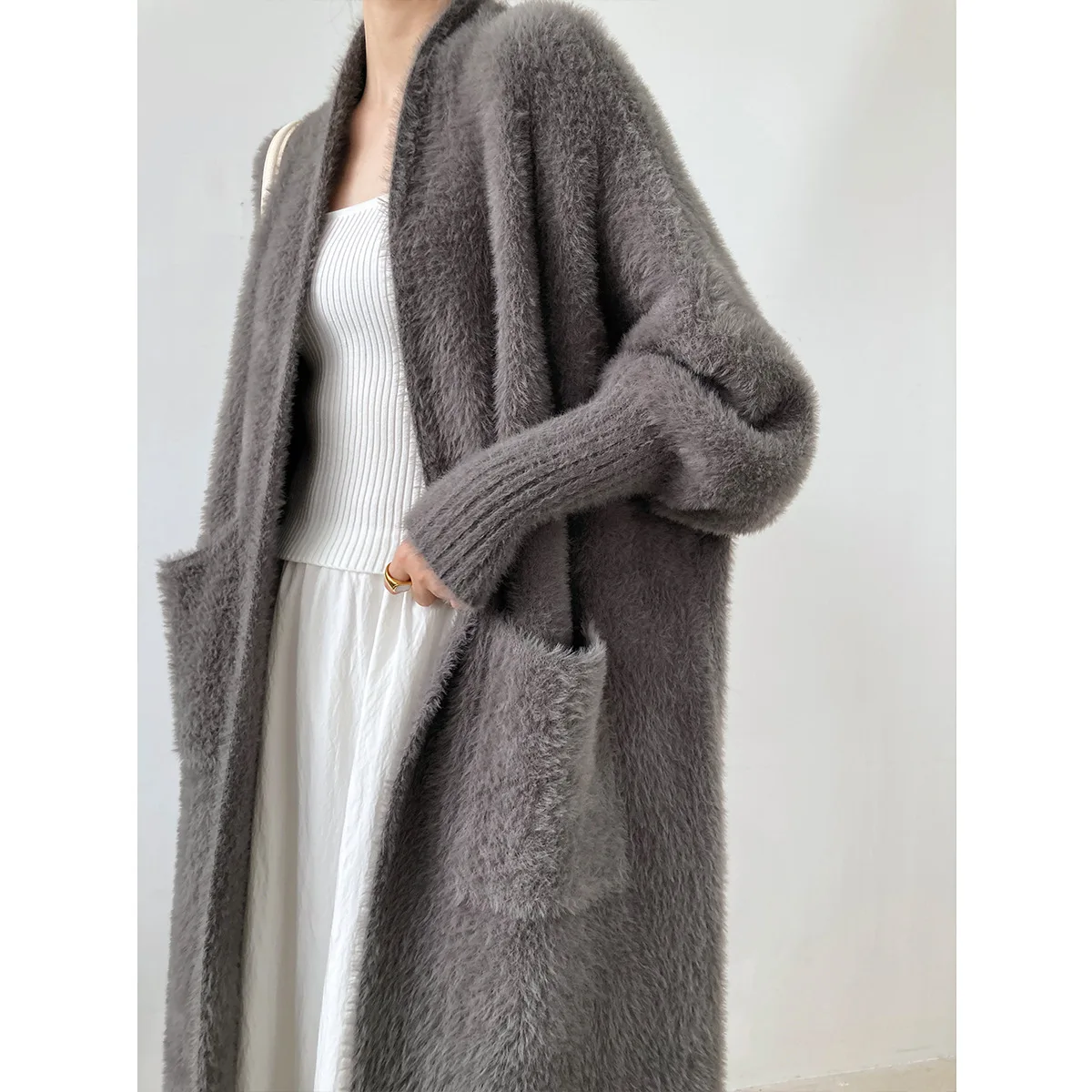 Autumn and Winter Thickening Cardigan below-the-Knee Coat Idle Style Mink-like Wool Mid-Length Sweater Coat for Women