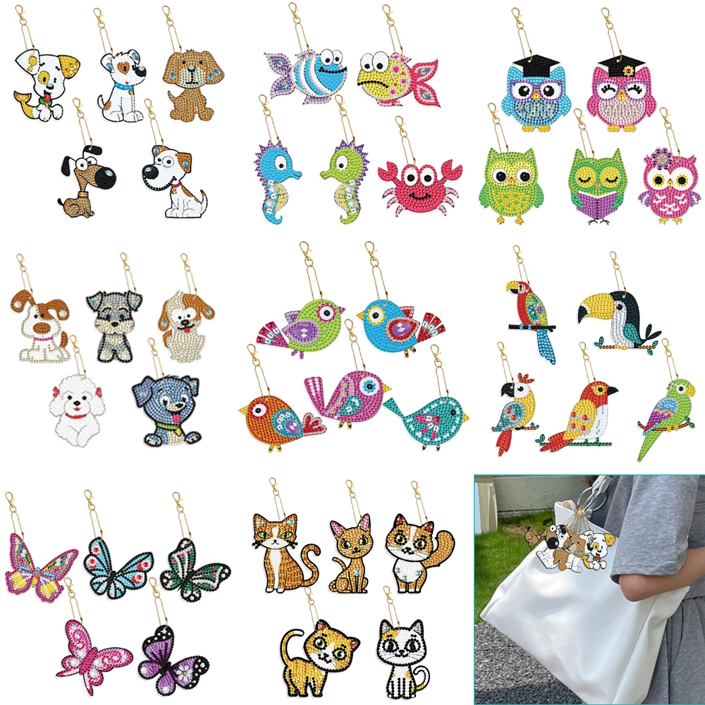 

5D Diamond Painting Embroidery Keychain DIY Cartoon Animal Keyrings Double Sided Point Drill Women Bag Pendant Handmade Gift