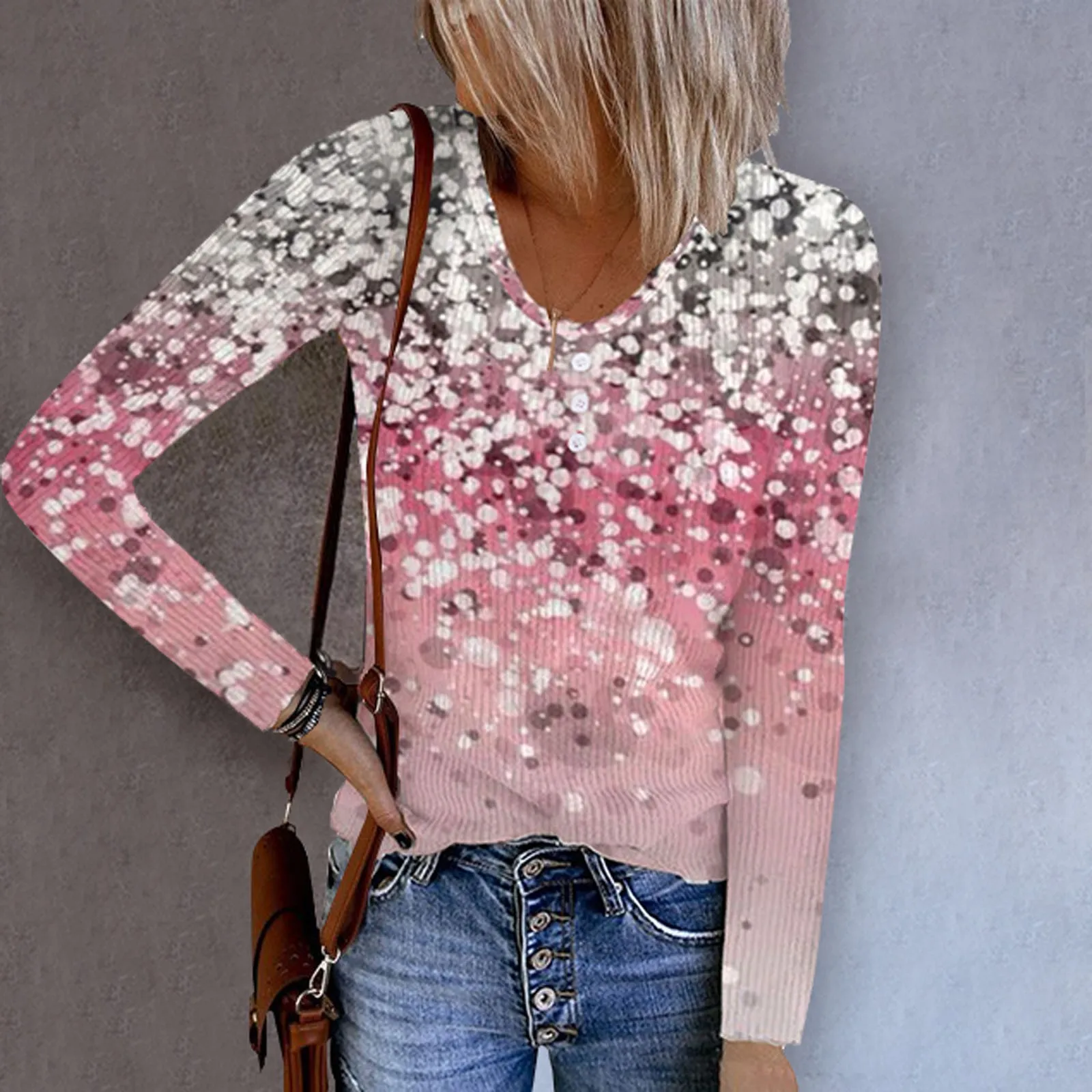 

Women's Long Sleeve Crew Neck Ribbed Knit Button T Shirts Printed Autumn Top Shirt Pack for Women