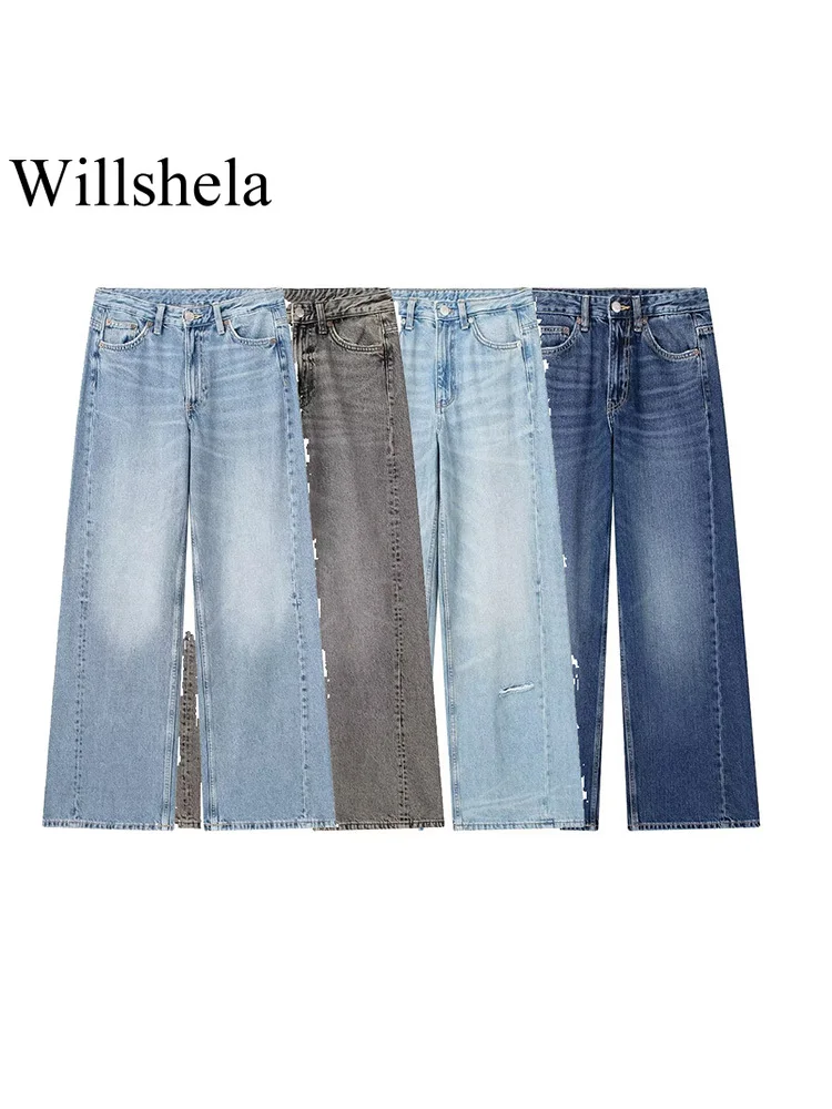 

Willshela женские модные джинсовые однотонные прямые брюки на молнии спереди, винтажные женские брюки с высокой талией полной длины