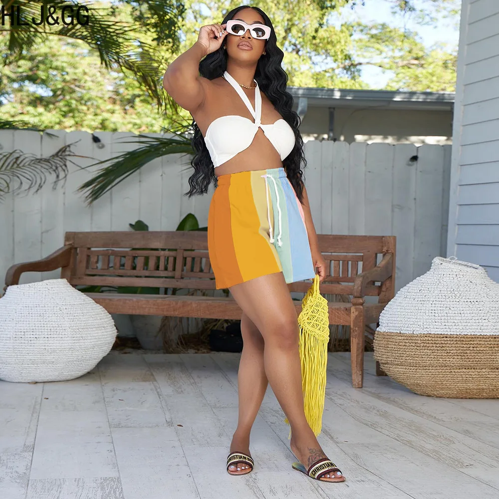 HLJ&GG Casual Multicolour Stitching Drawstring Shorts Women High Waist Loose Party Holidays Clothing Summer Female Pocket Shorts