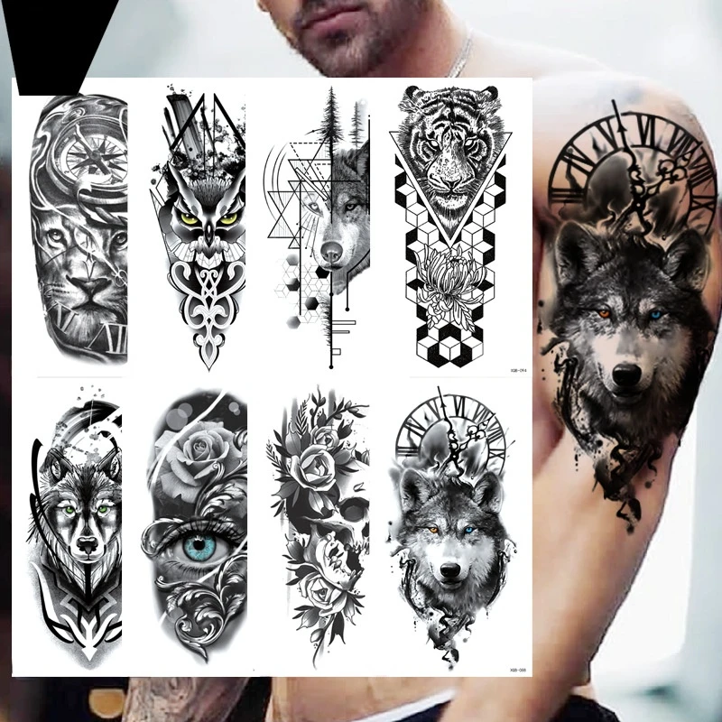 

Black Forest Tattoo Sticker For Men Women Children Tiger Wolf Death Skull Temporary Tattoo Fake Henna Skeleton King Animal Tatoo