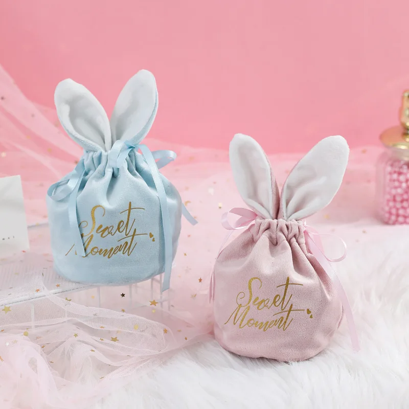 

2/5Pcs Easter Rabbit Ear Gift Bags Cute Velvet Bunny Drawstring Bags Chocolate Dragee Candy Bags Wedding Party Easter Decoration