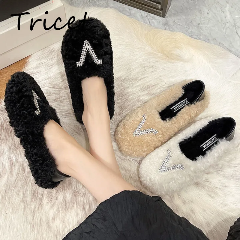 

Туфли женские осенне-зимние со стразами, мягкие плюшевые, на плоской подошве, теплые, элегантные