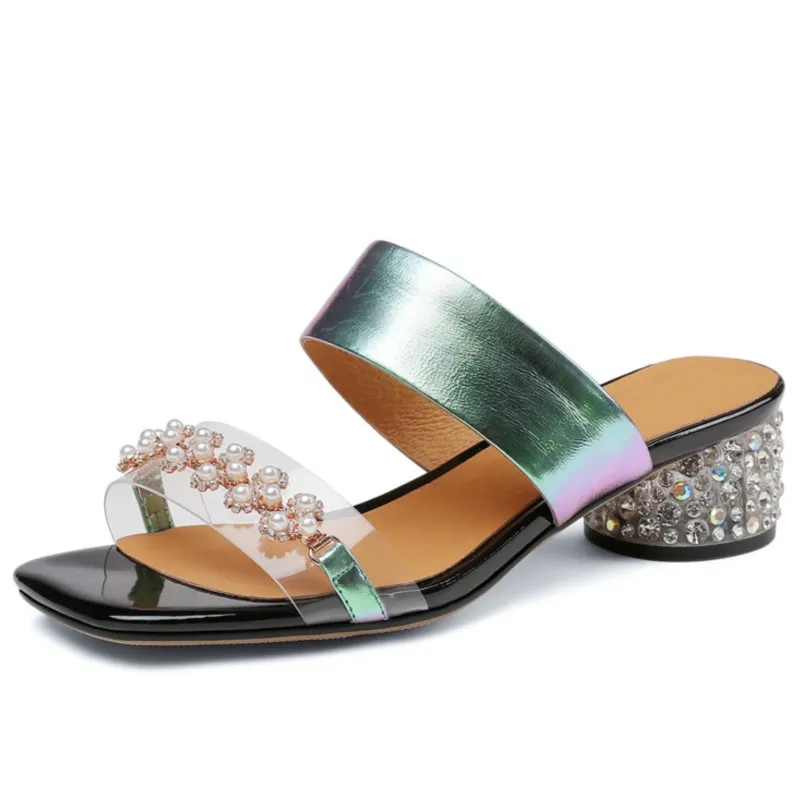 

Dilalula Summer Fashion Women Sandals Office Casual Party Rhinestone High Heels Slippers Genuine Leather Pumps Shoes Woman