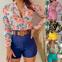 printed pattern casual fashion sets womens long sleeved single breasted shirt shorts two piece suit