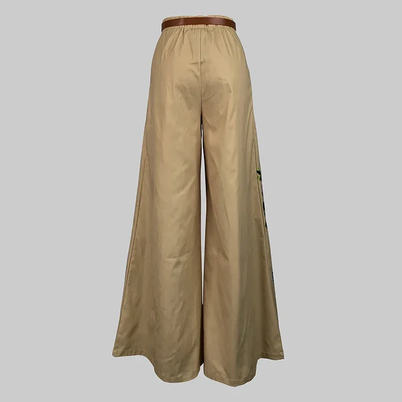 Beautyblue Брюки цвета хаки с цветочным принтом Широкие брюки поясом Эластичность