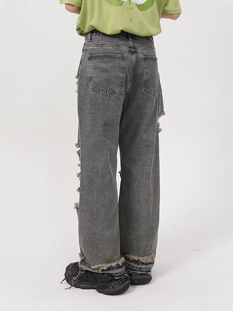 HOUZHOU Vintage Distressed Jeans Pants Men Ripped Jeans for Men Y2K Blue Denim Trousers Male Retro Japanese Streetwear Hip Hop