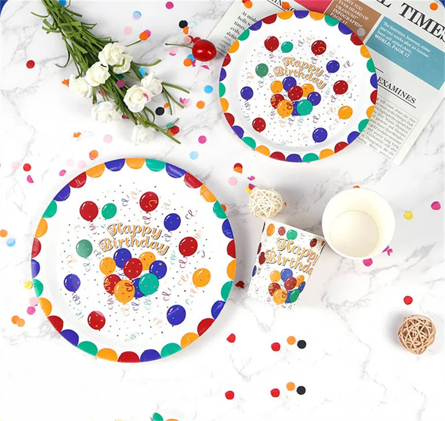 

10Pcs Disposable Paper Plate Colorful Balloons Paper Cup Birthday Party Wedding Picnic BBQ Disposable Party Paper Plate Cutlery