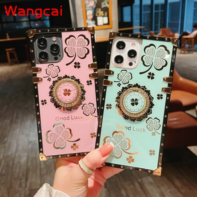 

Luxury Diamond Case Samaung Galaxy S22 S21 S20 Ultra Plus FE Note 20 Ultra M62 Square four-leaf clover Phone Cover with holder
