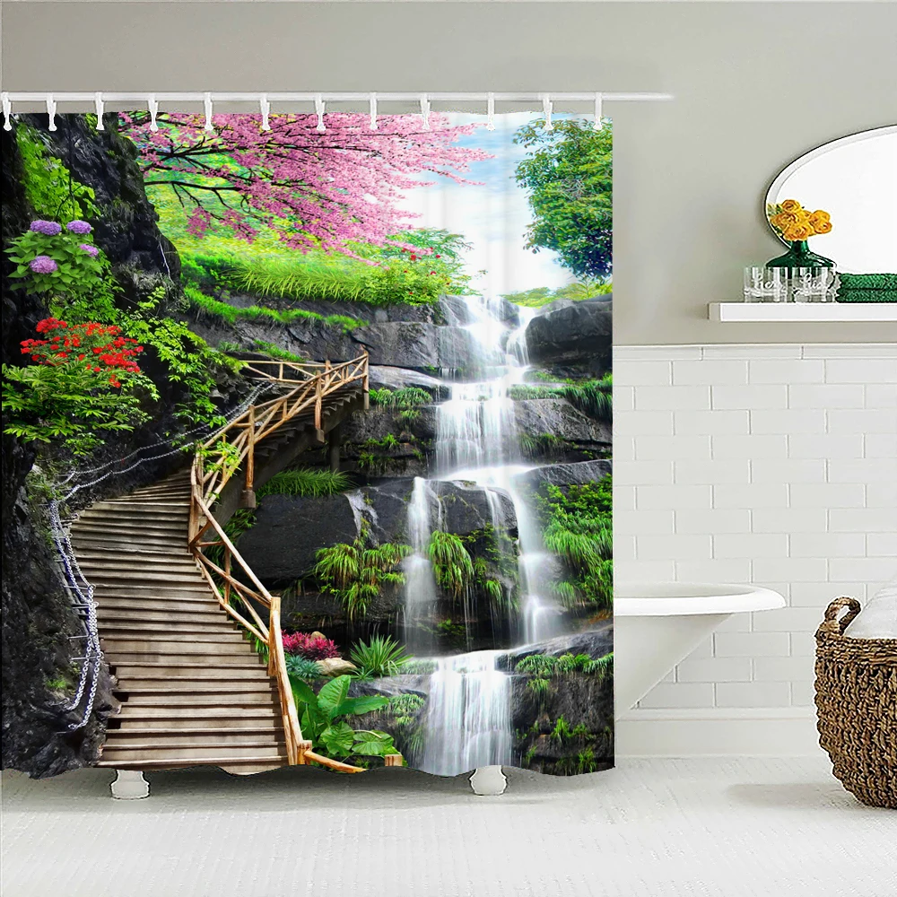 

3D Forest Mountain Bath Curtain Green Tree Plant Lake River Nature Scenery Waterproof Bathroom Bath Curtains with Hooks Decor