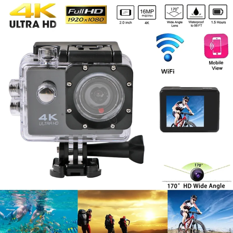 

12MP Helmet Action Camera 4K / 25fps Ultra HD LCD Screen WiFi Digital Camera 170D Go Waterproof Pro Sport DV Cam Video Camera