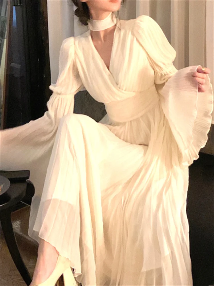 

Women V Neck Flare Sleeve White Dress Fashion French Style Long Sleeve Dress for Women 2023 Elegant Chic Midi Vintage Dress
