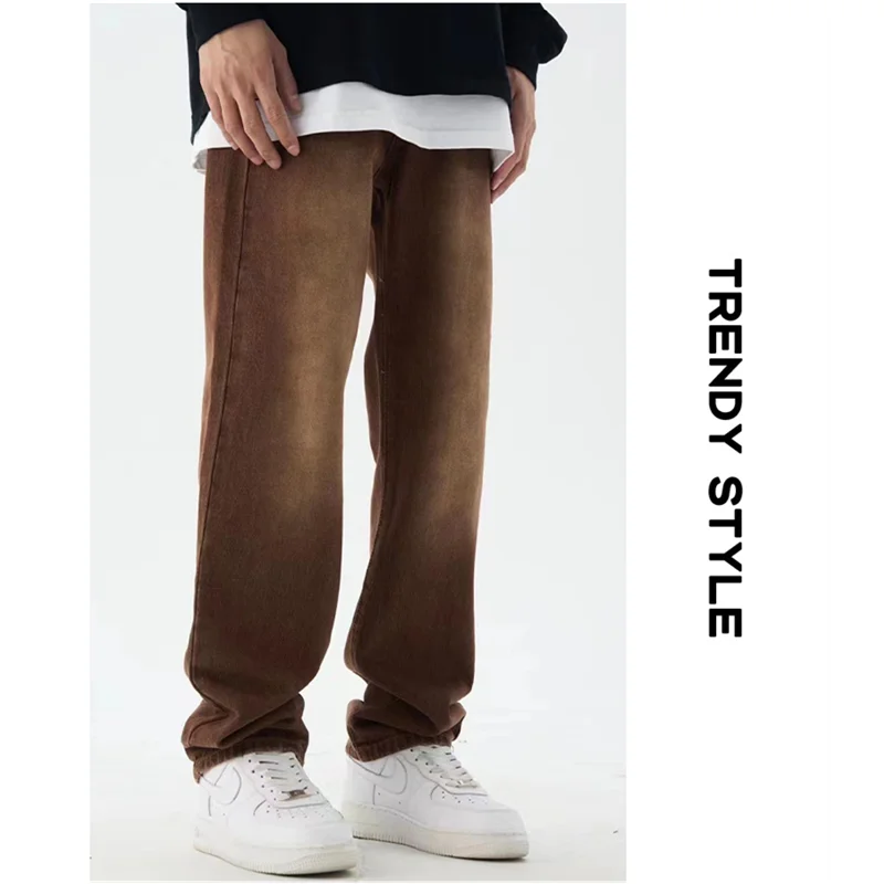 Men Clothing Sense of Design Brown High Waist Wide Leg Pants Loose Straight Cylinder Recreational Jeans Autumn and Winter Female