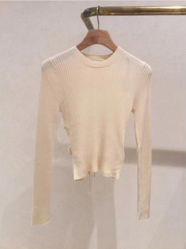 

Женский трикотажный пуловер, однотонный вязаный Топ с длинным рукавом, круглым вырезом и открытой спиной, на осень/зиму, 2022