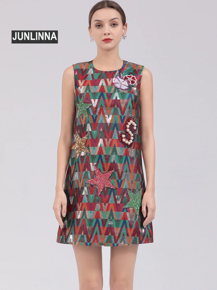 

JUNLINNA Fashion Designer Women Summer Dresses O-Neck Sleeveless Beading Sequins Elegant High Street Loose Vestidos A