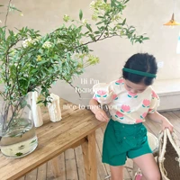 2022 summer new korean version kids printed t shirt girls flower puff sleeves knitted short sleeved boutique clothing