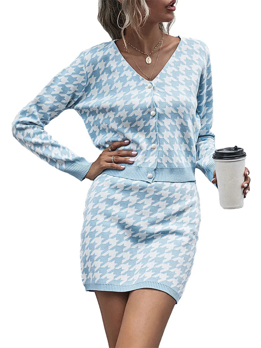 

Women Fashion Houndstooth Knitted Clothes Set Office Lady Long Sleeve Button Closure Tops with Elastic Waist Skirt Fall Outfit
