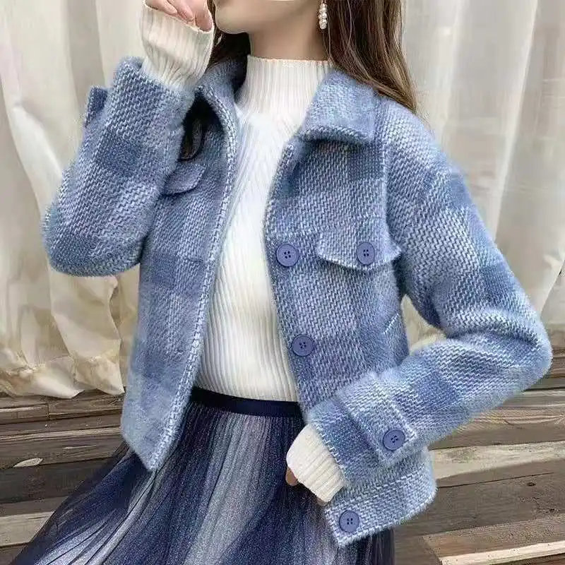 

Sweater Cardigan Women Autumn and Winter 2022 New Mink Knitted Cardigan Jacket Short Women Plaid Coat Female Outwear Tops M48