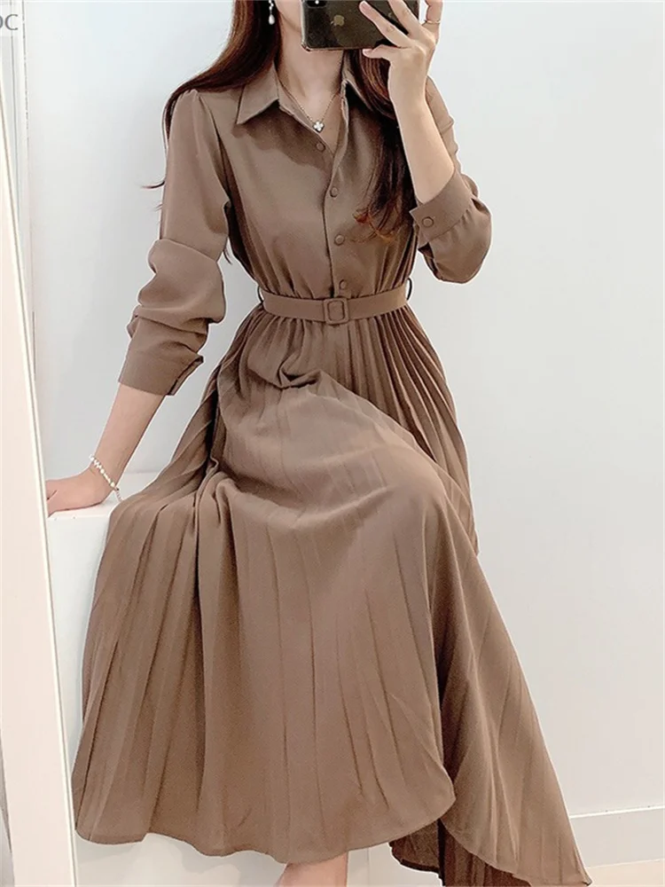 

Женское длинное платье-рубашка, повседневное однотонное платье-рубашка с поясом, в японском стиле, в Корейском стиле, базовая одежда в винта...