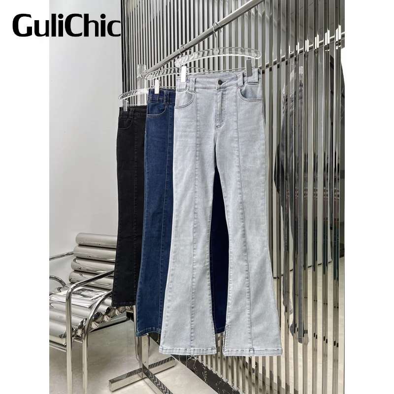 8.12 GuliChic Women Slim Vintage Washed Distressed Casual Split Flared Jeans