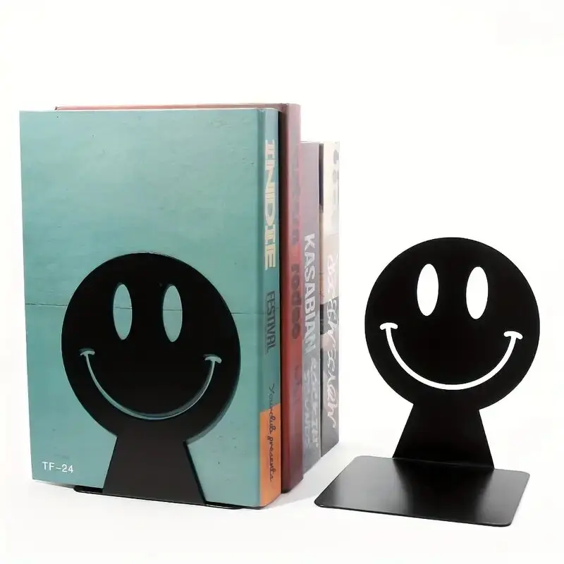 

1 пара металлических книжных наконечников, черная книжная полка, нескользящий металлический книжный наконечник для тяжелых книг, декоративный держатель для разделения книг, дизайн с улыбкой лицом