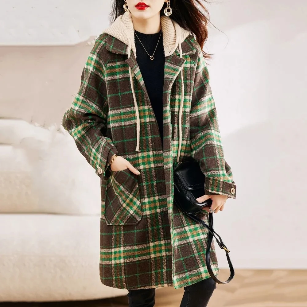 

Women's Mid-Length Hooded Overcoat, Loose Casual Warm Jacket, Wool Coats, Office Lady, Female, High-End,Clothing female,Winter