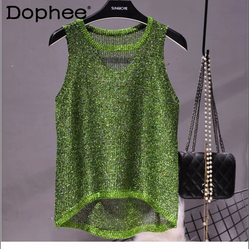 

2022 Spring Summer New Sexy Hollow Sequined Knitted Camisole Vest Women Sleeveless Sweater Suspenders Tank Top Female Crop Tops