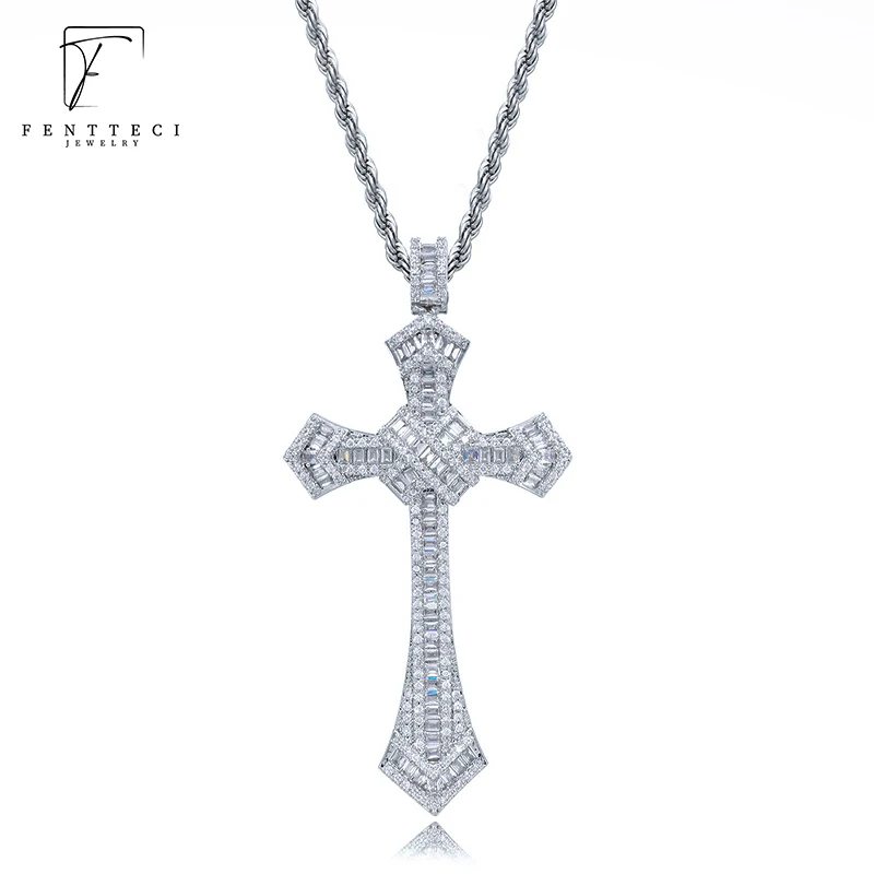 925 Sterling Silver European And American Cross Necklace For Men And Women With Trapezoidal Square Diamonds