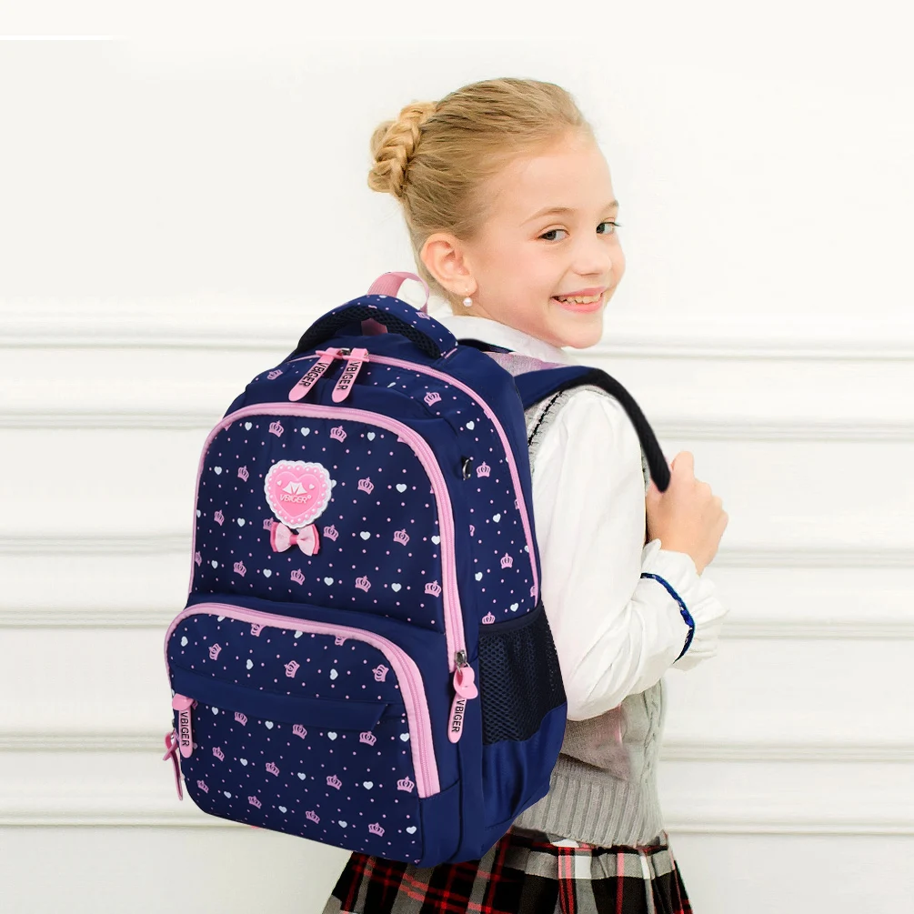 3-in-1 School Bags Casual Student Daypack Chic Nylon Style Lightweight Backpack Set for Teenage Girls, Dark Blue