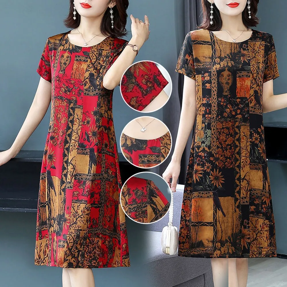 

Casual Dress Women's Retro Print Short-sleeved Vintage Ethnic Casual Loose Mother Wear Women Casual Dress Skirt Vestidos
