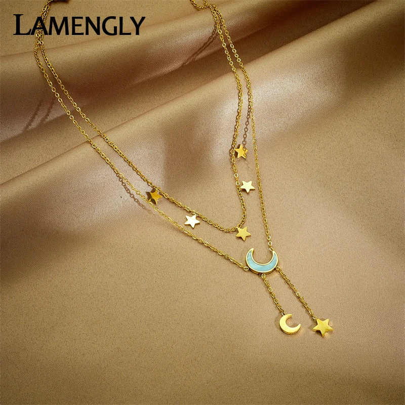 

LAMENGLY 316L Stainless Steel Moon Star Pendant Necklace For Women 2022 New Trend Girls 2in1 Chains Choker Jewelry Gifts Bijoux