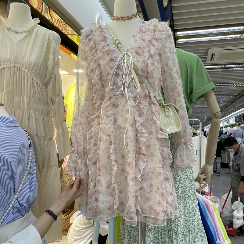 

Spring New Ladies Casual Office Mini Dress 2022 Summer Wrap V Neck Elastic Waist Party Dress For Women Ruffled Chiffon Dress