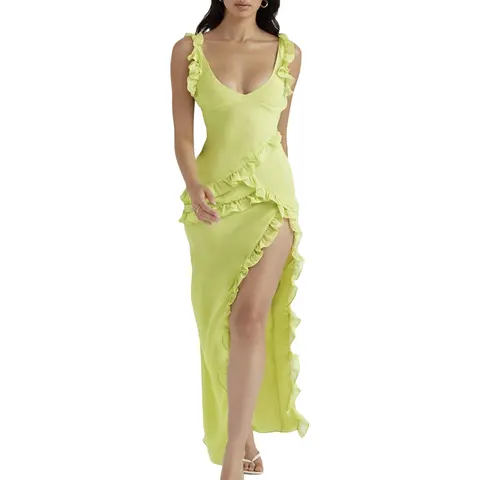 Женское длинное платье с оборками без рукавов, облегающее платье с открытой спиной, оборками и разрезами по бокам, женское облегающее платье с V-образным вырезом и разрезом