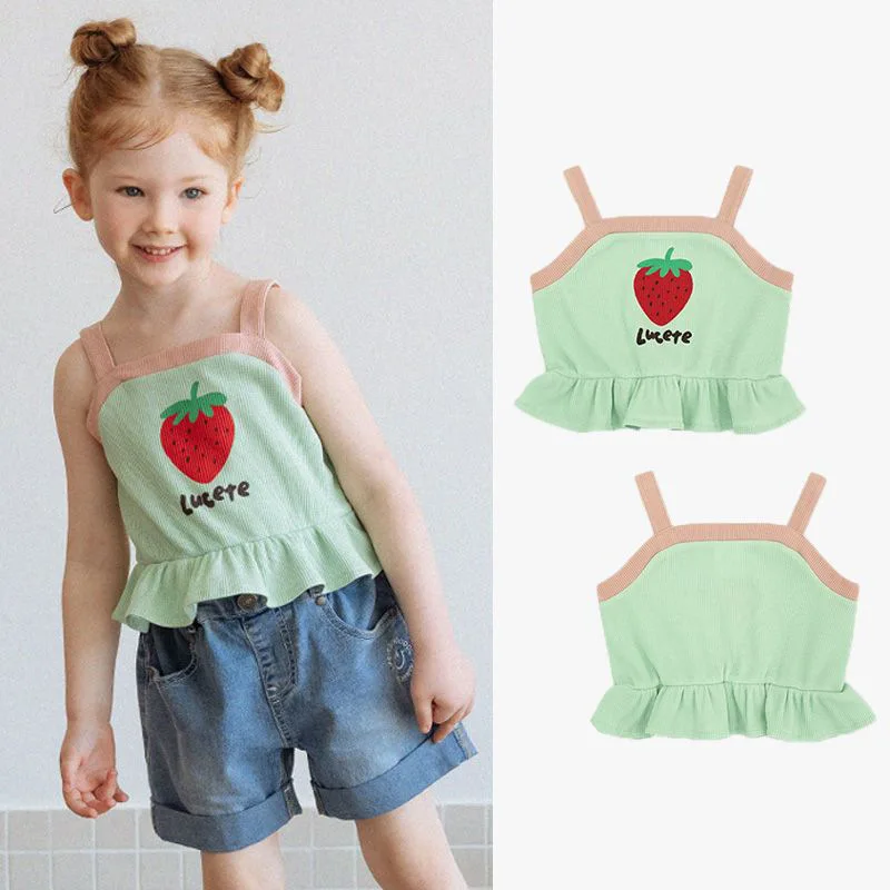 

Детская одежда, летний топ на бретельках с вышивкой клубники для девочек, детская одежда, кружевная Складная лямка для девочек 2023