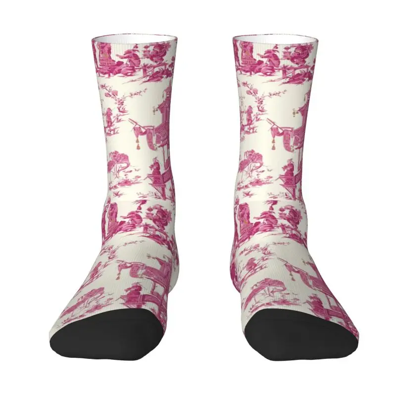 

Toile De Jouy Pink Chinoiserie Tea House Pagoda Socks Women Men Warm 3D Printing Chinese Porcelain Floral Sports Basketball Sock