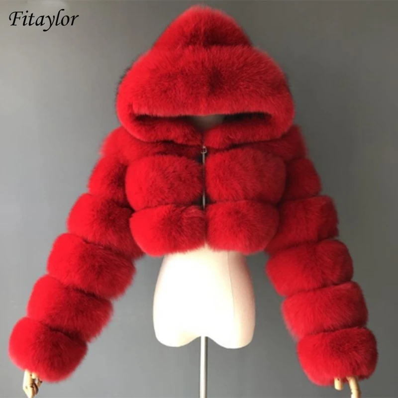 Fiatylor Hooded Faux Fur Coat Women Winter Warm  Blue Furry Overcoat Elegant Plush Crop Black Jacket Femme Warm Red Outwear