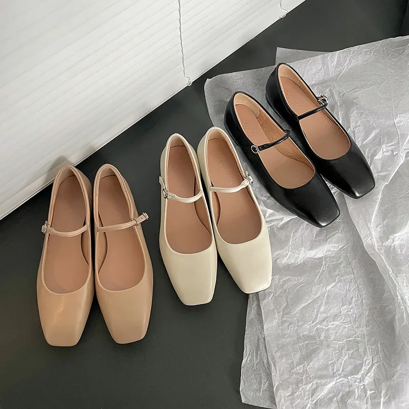 MKKHOU Fashion Pumps New High Quality Genuine Leather Vintage Mary Jane Shoes Square Toe High Heels Flat Shoes Lightweight Shoes