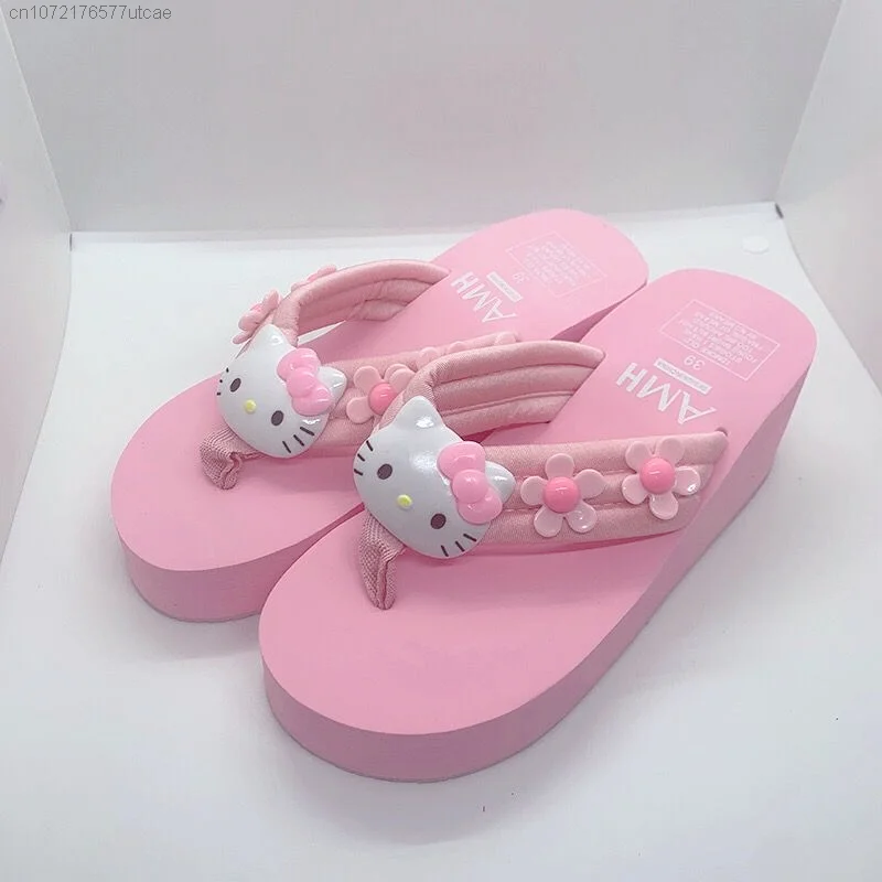 Sanrio Hello Kitty Trend Pink Flip Flops For Women Y2k Sweet Thick Sole Anti-slip Sandals Holiday Beach Slipper Casual Shoes