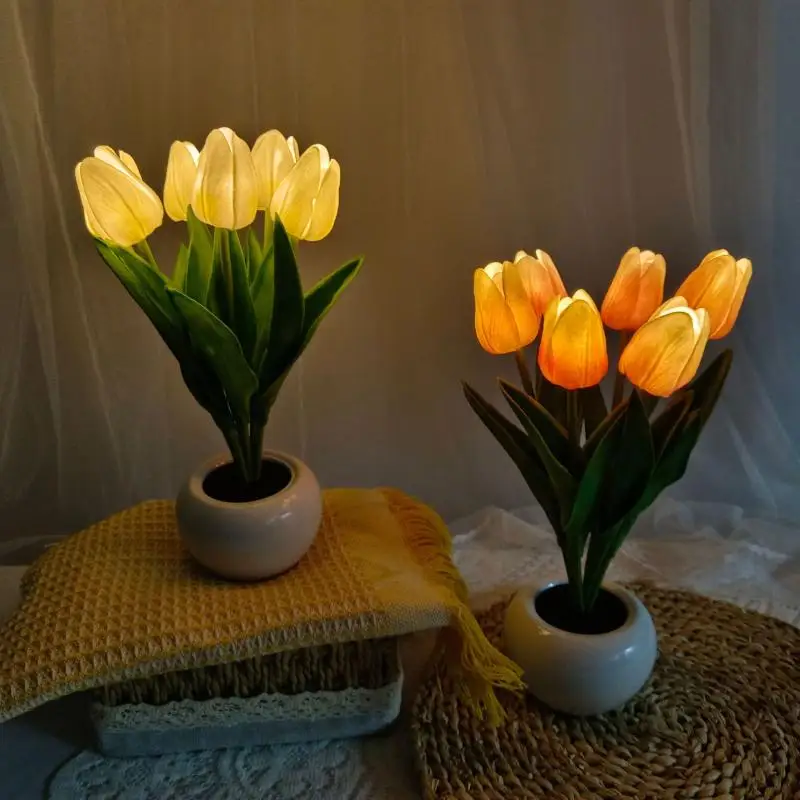 

Tulips Artificial Flowers LED Night Light Hotel Bedroom Bedside Wedding Real Touch Banquet Gift Living Room Garden Home Decor