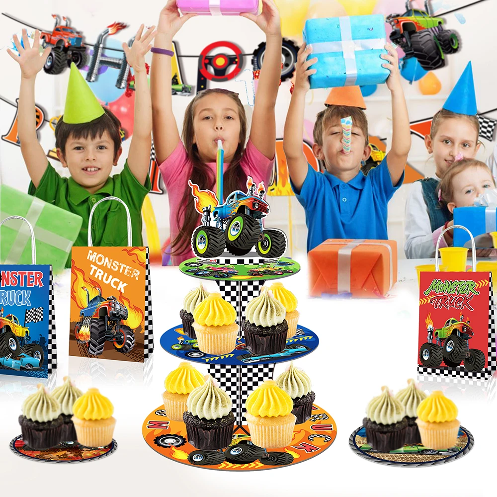 

3-tiers Boys Cartoon Racing Monster Truck Game BIRTHDAY Party Small Cake Show Display Stand Baby Shower Party Table Decorations