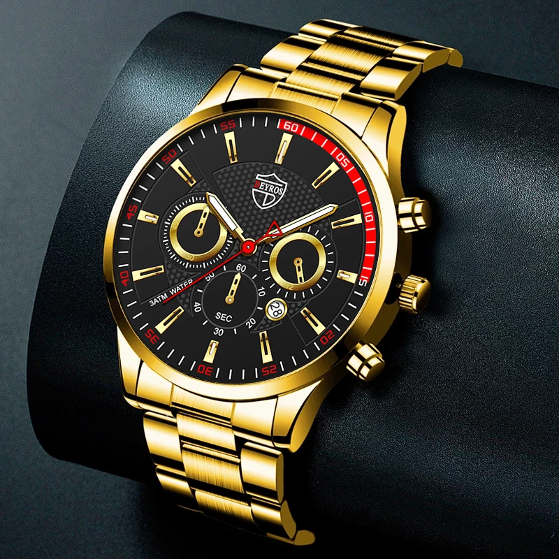 

Luxury Mens Watches Fashion Gold Stainless Steel Quartz Wrist Watch Calendar Luminous Clock Men Business Casual Leather Watch