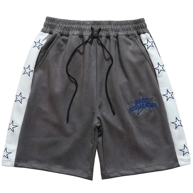 

Mens Casual Elastic Waist Retro Knee Length Trousers 22 Summer Oversize Halajuku Letter Embroidery Drawstring Patchwork Shorts