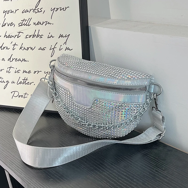 

Luxury Silver Gold Shiny Rhinestones Handbag Phone Bag For Women Studded Diamonds Saddle Crossbody Bag Casual Travel Chest Bag