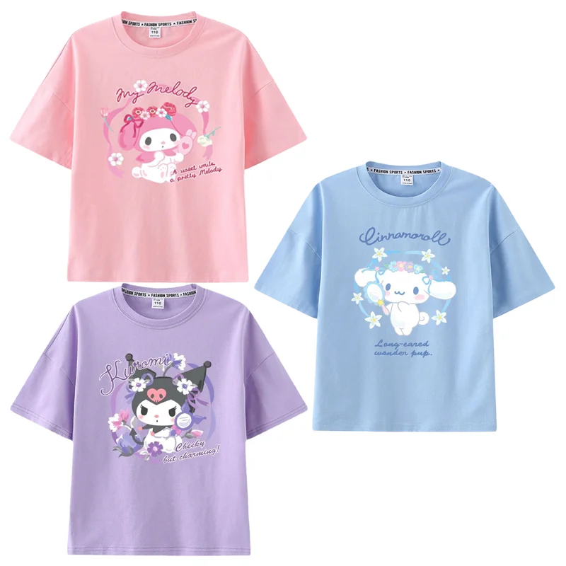 Anime Cartoon Sanrios My Melody Cinnamoroll Kuromi Flower Printed Children Cotton T-shirt Kawaii Summer Comfort Short Sleeve Top