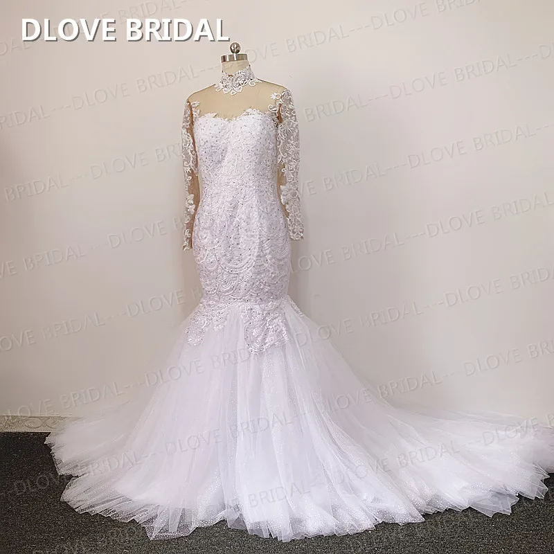 

High Neck Lace Mermaid Wedding Dress Factory Custom Made Bridal Gowns with Long Sleeves