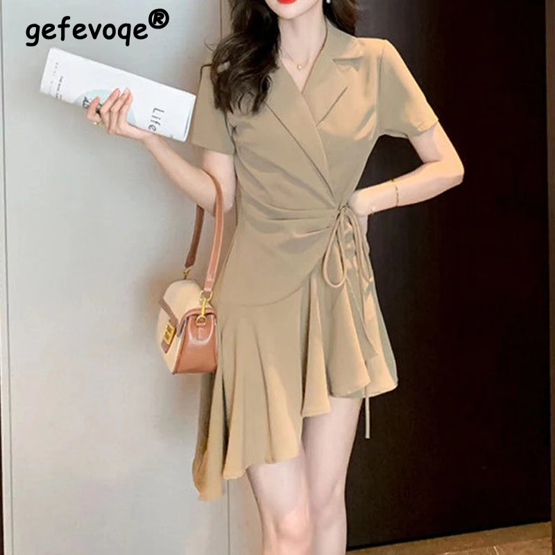 

Fashion Solid Irregular Lace Up Fold Dress Women Spring Summer Short Sleeve Office Lady Lapel Black Mini Dresses Female Clothing