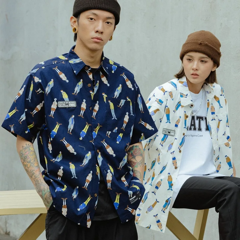 

FPACE Wind Popular Logo Printed Shirt With Short Sleeves hip-hop Oversize Loose Languid Is Lazy Men Hawaiian Shirt