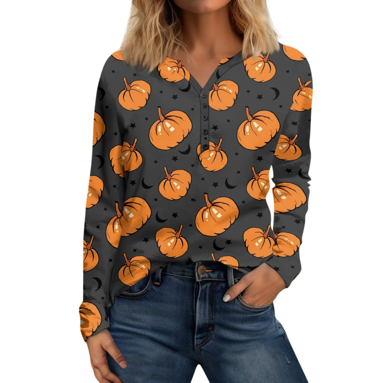 

New V-neck T-shirt For Woman 2023 Autumn Halloween Pumpkin Print Button Basic Top Casual Long Sleeve Pullover Tunic Ladies