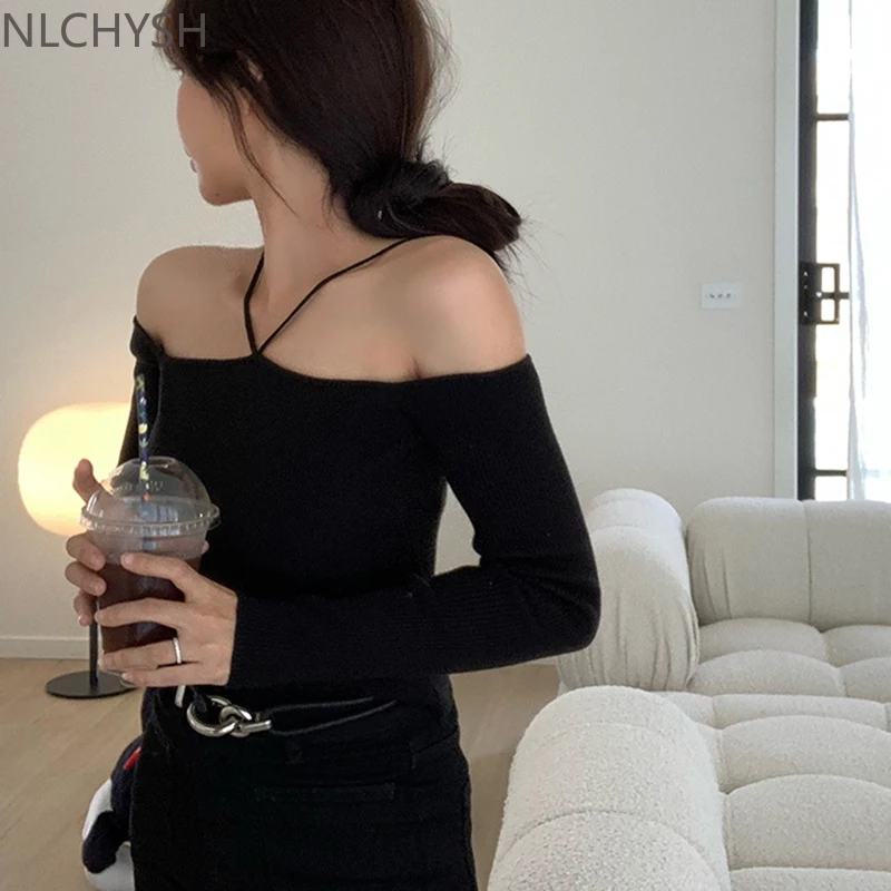 

2021 Sweater Sexy Off Shoulder Slim Knitted Sweaters Long Sleeve Pull Femme Autumn Vintage Chandails White Black Top Women